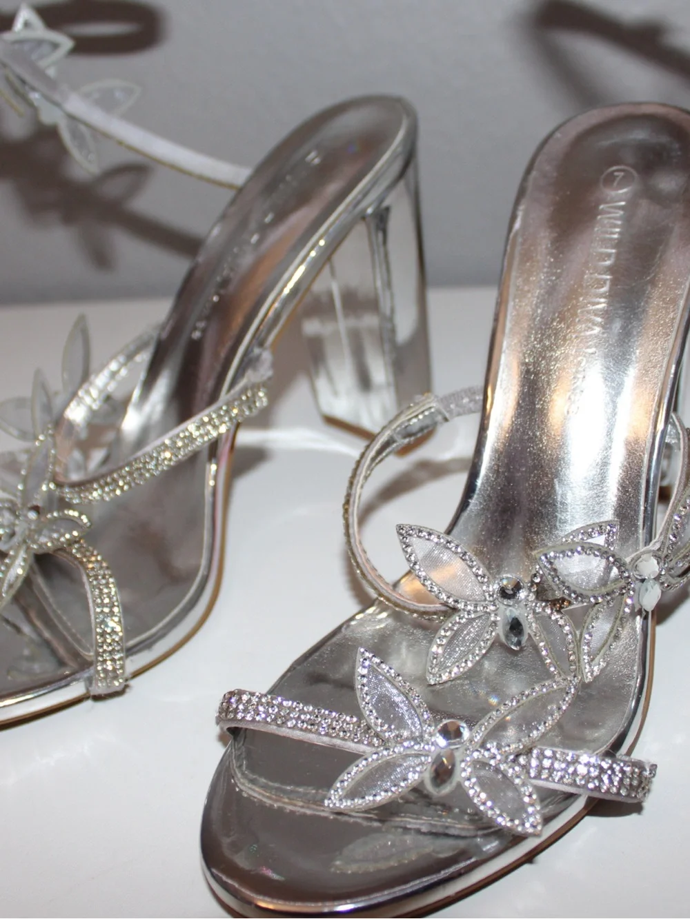 Women's Silver Crystal Floral Strappy High Heel Sandals